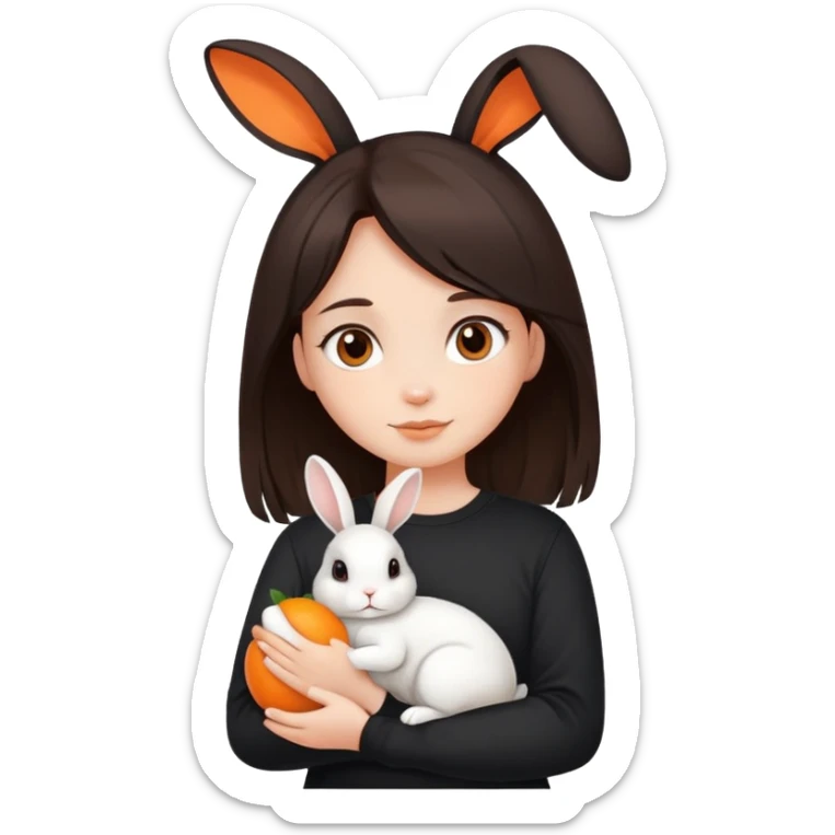 The girl has a dark brown hair. The girl wears a black shirt. The girl has a white rabbit. The rabbit has an orange line in its head sticker