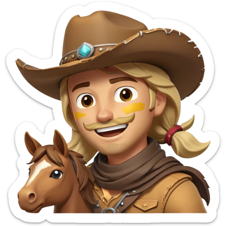 clash-of-clans-aesthetic_-cinematic-playful-cowboy-portrait-emoji, head-tilted with a roguish, cheeky grin and twinkling eyes, featuring a rugged, spirited build with a wide-brimmed cowboy hat and a weathered bandana on tan skin, riding a powerful galloping horse with dynamic flowing mane, reins gripped firmly in one hand and a lasso in the other, as dust swirls behind them in a vast desert landscape. sticker