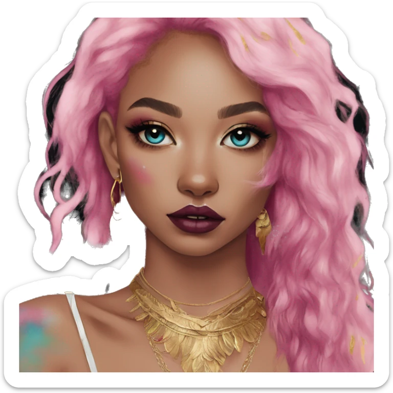 Pink magenta burgundy maroon cyan beige gray fox black eyeshadow wearing gold jewellery gold piercings gold ear piercing gold nose piercing vintage watercolour tie dye black raven wings sticker