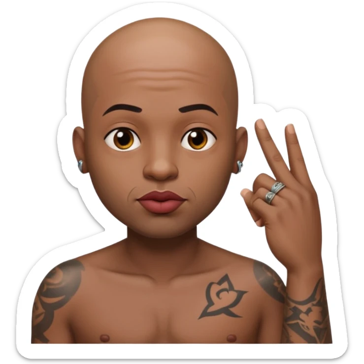 Bald head man with huge lips, tattoos on his chest , holding his finger up to his cheek  sticker