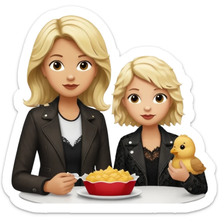 Love tan woman long wavy blonde hair and black lace  with  a white man short spiked blonde hair wearing Brown  jacket eating chick filet  sticker