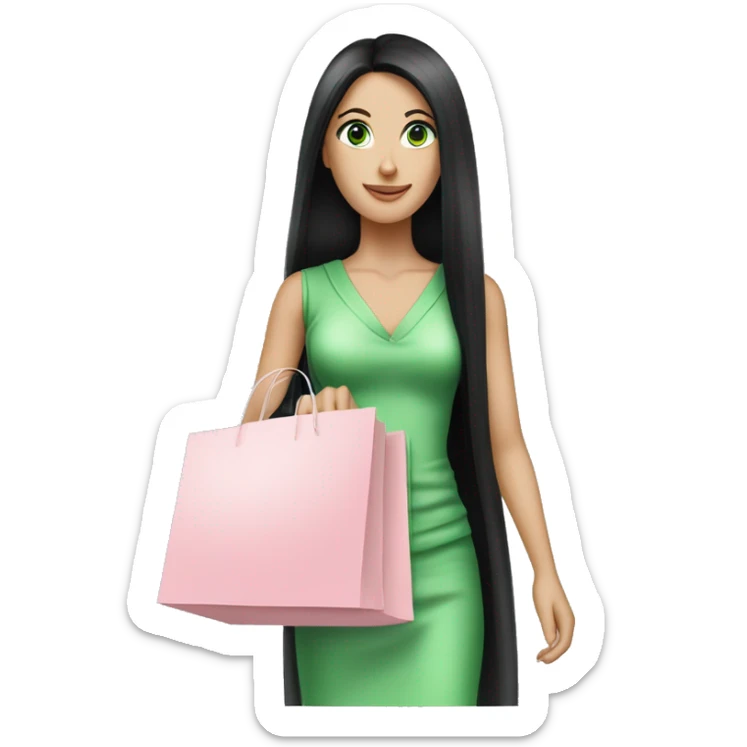 pretty white woman with very long black hair and green eyes and light pink outfit holding a ton of shopping bags sticker