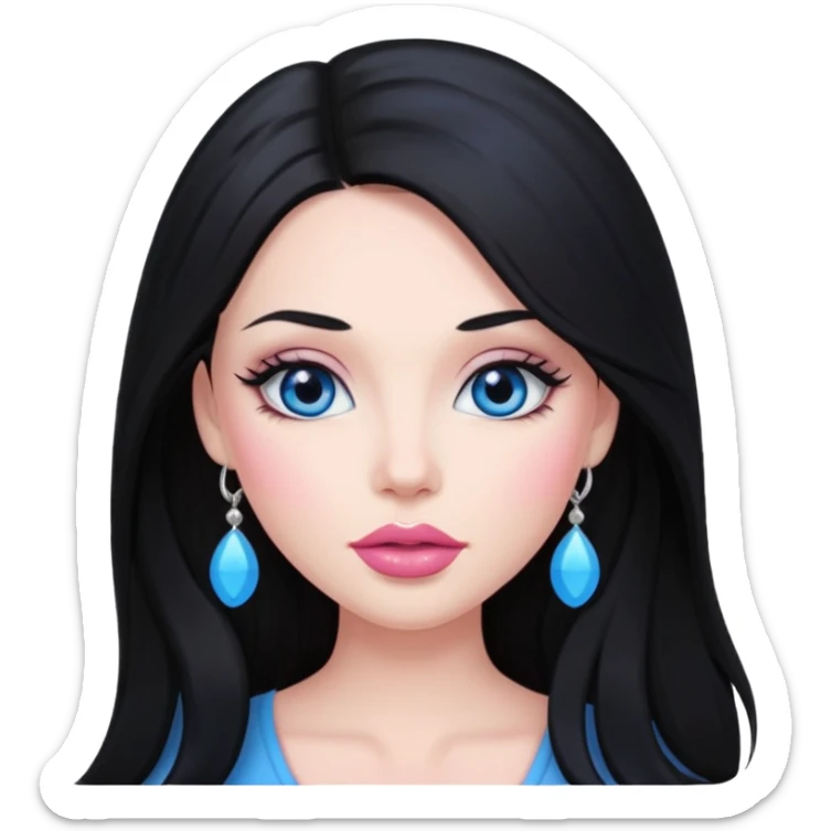beautiful woman, long black hair, pink blush, blue eyes and big lips sticker