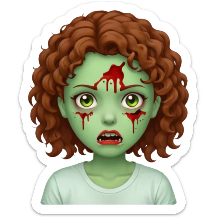 Zombie girl with curly brown hair como emoji de iphone y con la boca un poco lastimada haz que tenga una simple remera blanca puesta pero que sea zombie verde sticker