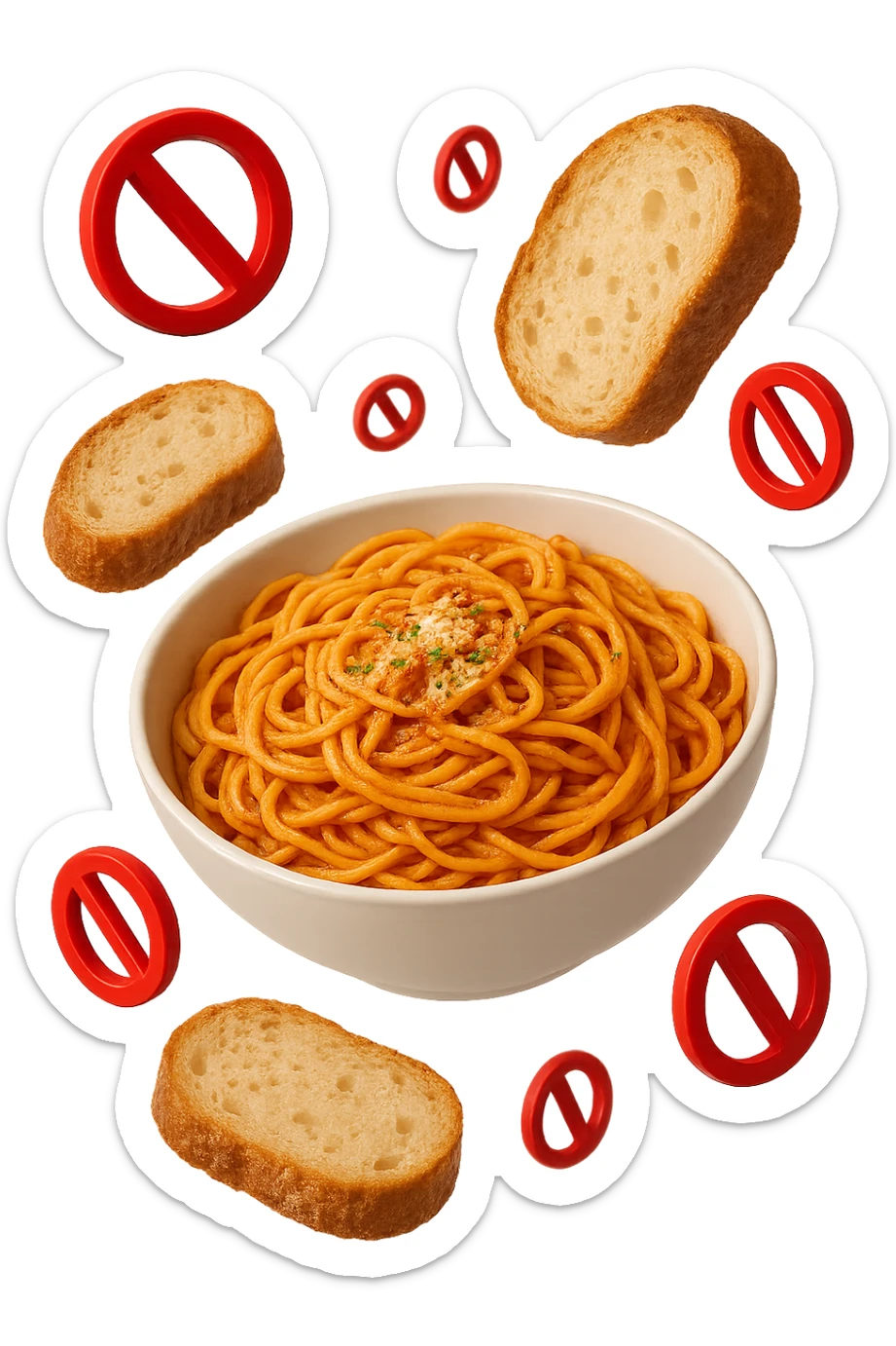bowl di pasta e fettine di pane che fluttuano in aria con piccoli divieti 3d, sfondo bianco, iperrealistico 4k sticker