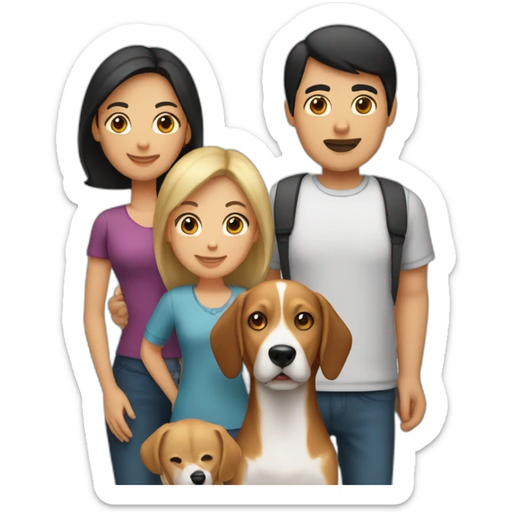 A family of 4 people and a dog. The dog is a beagle. The people are the dad, black hair, the mom with blond hair, finally a teenager with brown hair and a child with blond hair sticker