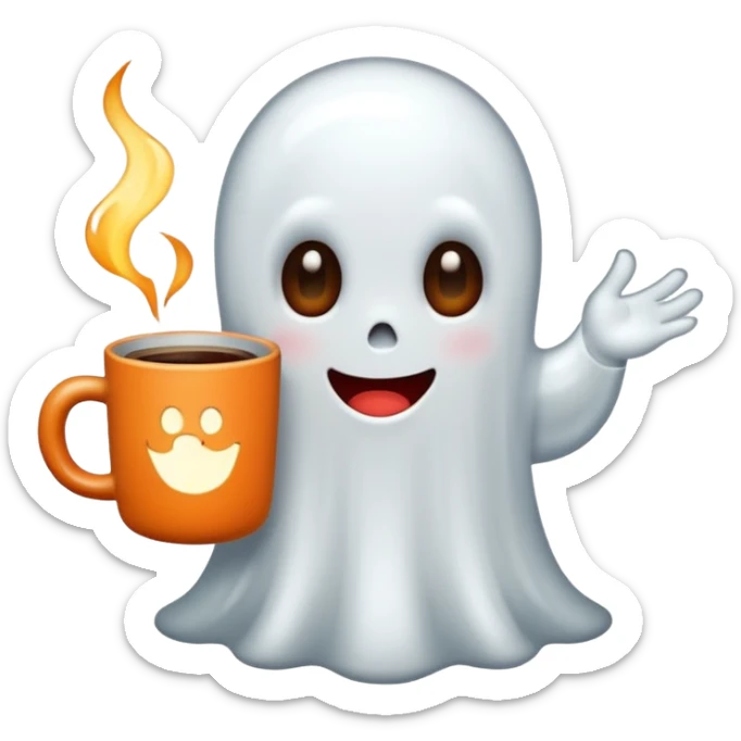 
a cute ghost holding a mug of hot coffee
 cartoon -style/cute and transparent for a sticker 
 sticker