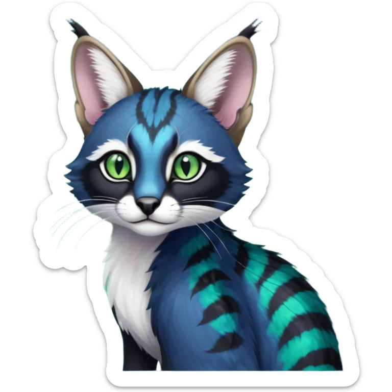 Colorful dark tropical cobalt-blue, black, white fur, with green eyes, iridescent glorious divine exotic cute cool beautiful shiny beautiful fantasy-caracal-civet-genet-sergal-vernid-Cacomistle-Furret-civet-oncilla-animal-Fakémon-hybrid-fursona with pattern markings (full body) sticker