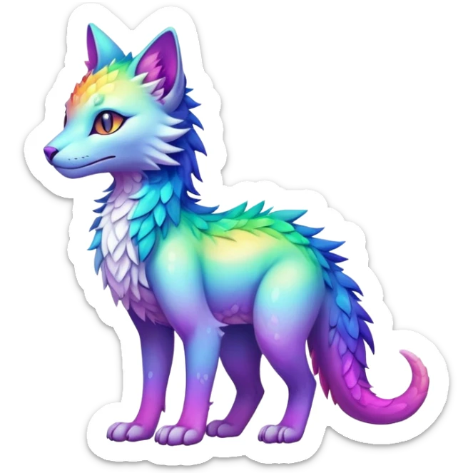 Kawaii neon colorful rainbow iridescent fantasy ethereal feline-vernid-sergal-fursona animal creature with a tufted tail full body with intricate markings sticker