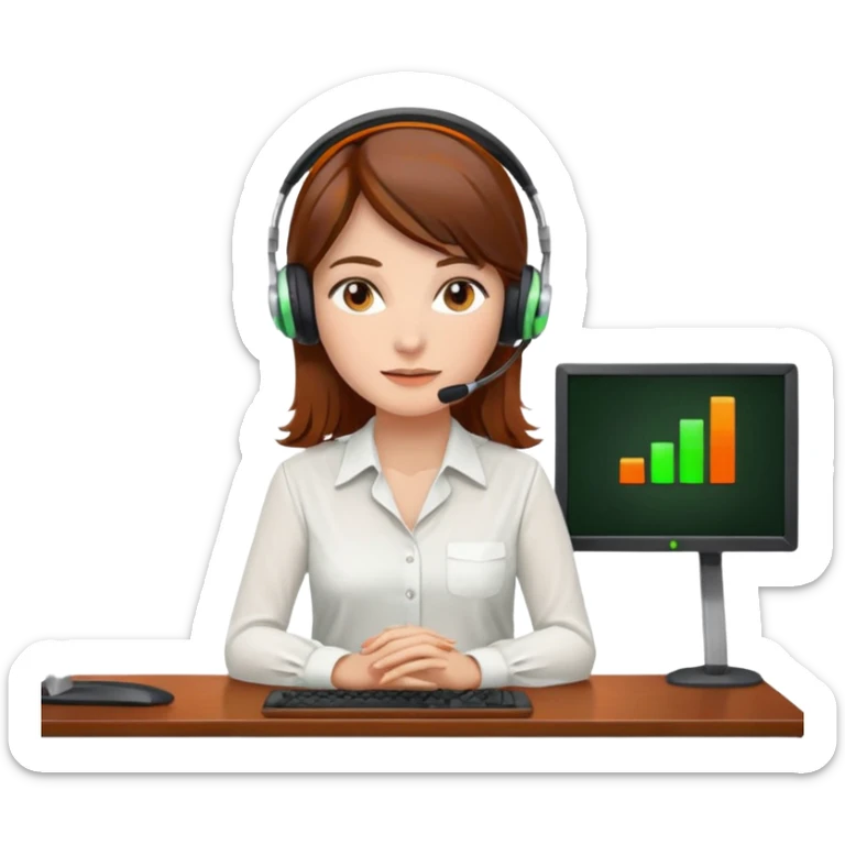 a woman, brown hair, middle european, sitting in the office in front of a computer, wearing a blouse and a headset. she is controling the limits on screen. green = ok, orange = am Limit, rot = überschritten sticker