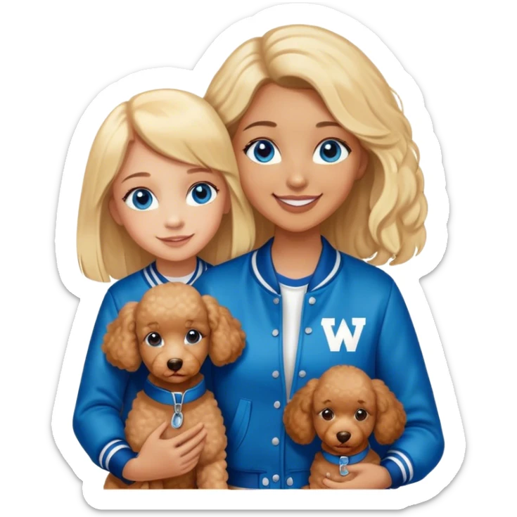 smiling mother in letterman jacket with W and Blue eyes, two Little girls Long blond straight hair and Blue eyes and one brown poodle puppie sticker