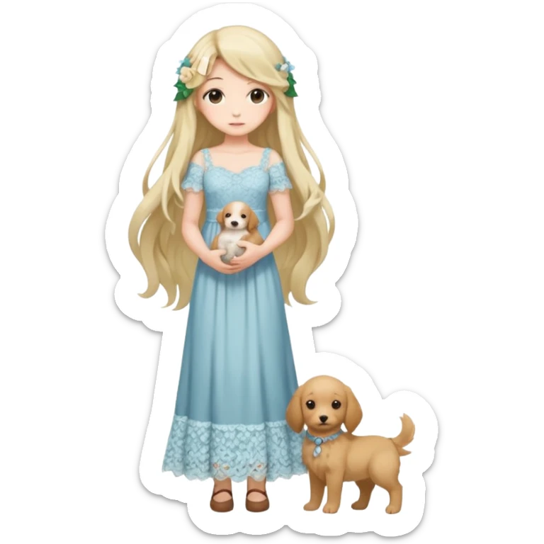 Pastel anime lady long hair with long lace dress full body holding puppy sticker