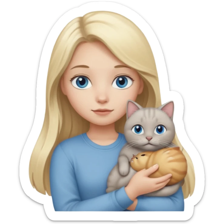 blonde girl with long blonde hair and blue eyes with chubby gray cat sticker