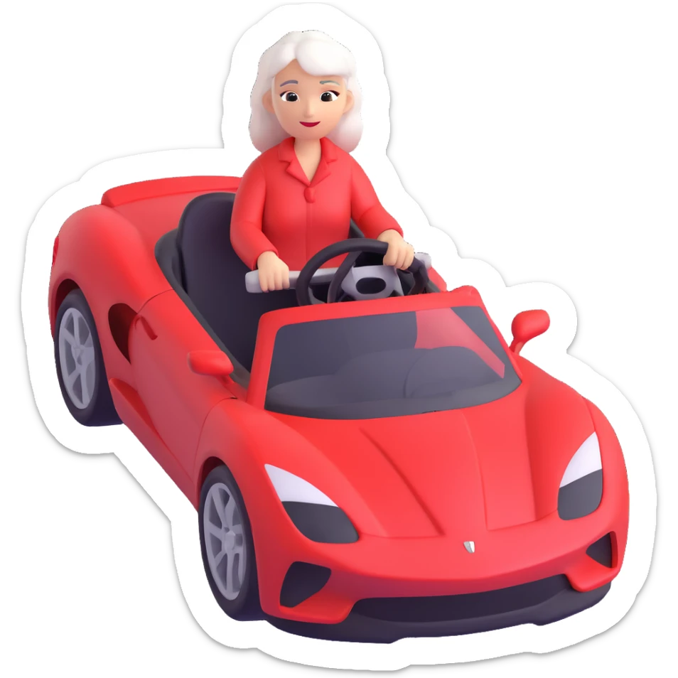 Ensure only the mother with white hair is in the red sports car, no other person visible, keep 3D emoji style, 10% more realistic, no background. sticker