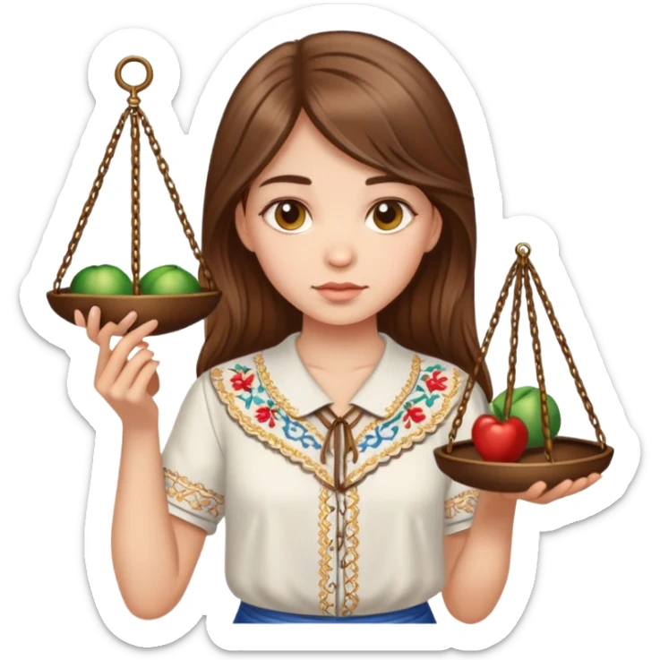 A Ukrainian girl with brown hair in an embroidered shirt holds the scales of truth in her hand sticker