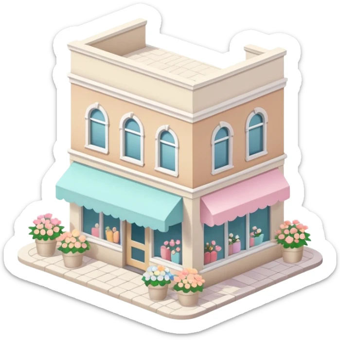 isometric exterior little beige and white shop with abundant pastel florals everywhere sticker