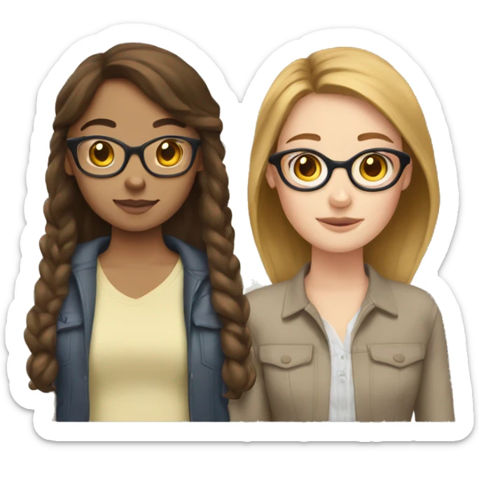 Two white girls with brown hair, one has glasses and is tanner than the other sticker