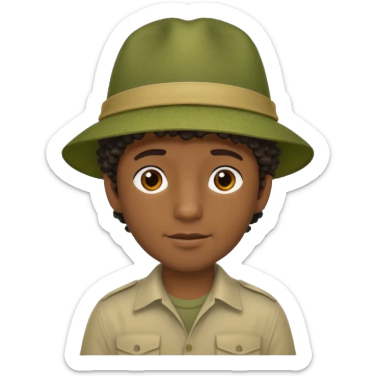 A dark colored man in a jungle with little curly hair on his head under hit jungle hat sticker