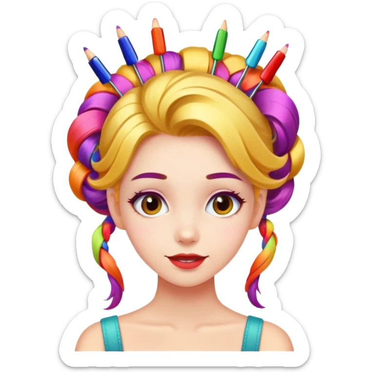 A playful and beautiful girl with many colorful hairpins on her hair sticker