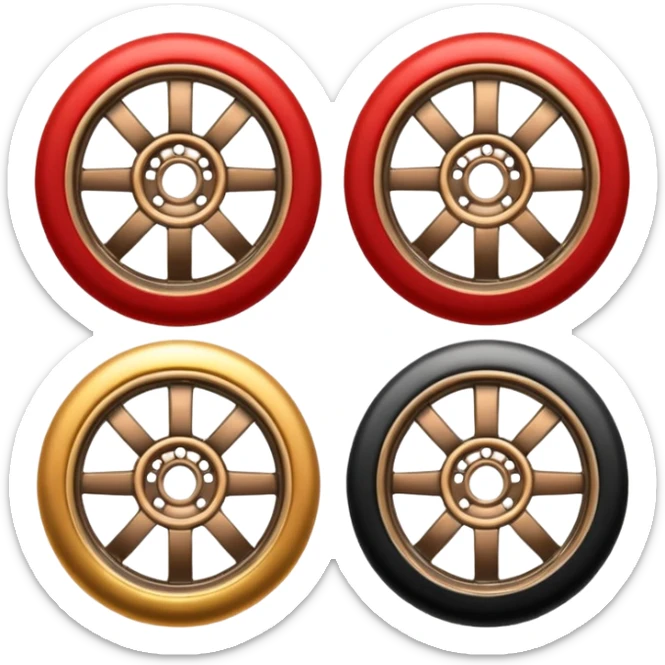 Emoji-style car membership badges: silver wheel, bronze exhaust, red rims, black spoiler, gold wheel — in progression." sticker