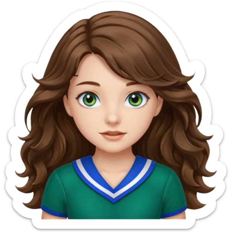 A pretty girl has blue eyes, her hair is brown long wavy hair, and wear green Hawkins cheerleader uniform sticker