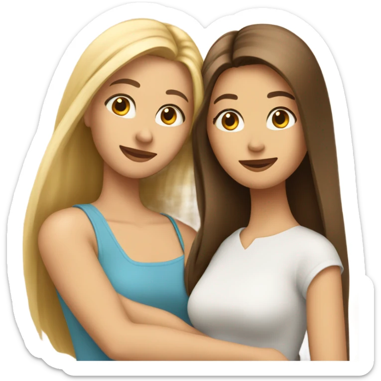 beautiful woman with long straight blonde hair hugging beautiful woman with long straight brown hair sticker