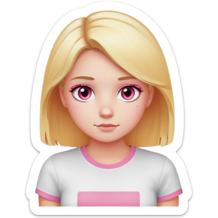 A girl with blonde hair that is light pink at the bottom and black at the other half and orange at the bottom, dark pink eyes, pink cheeks, and wearing a tight white T-shirt sticker