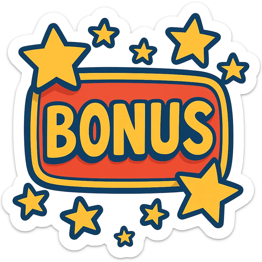 sign with the word BONUS in the center, surrounded by stars, vibrant cartoon style sticker