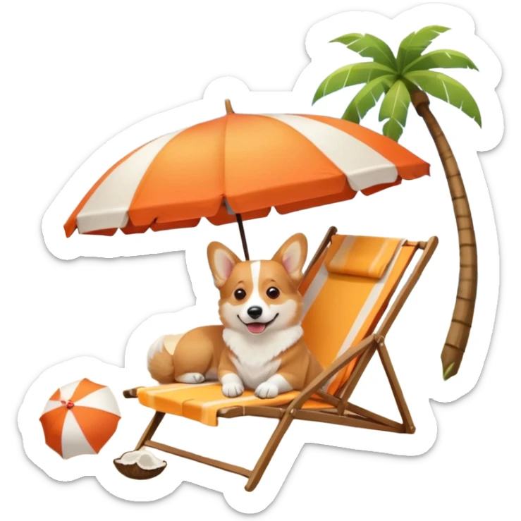 a corgi dog laied on a beach chair, a sunny beach, a sun umbrella, and beach coconut trees. the icon should capture the essence of a relaxing beach vacation with a carefree atmosphere sticker