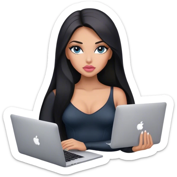 Glamours, tanned, very beautiful girl, with big pump peach-beige-rose lips, black straight smooth silky long hair, straight parting, blue-grey eyes, in black bodysuit holding MacBook sticker