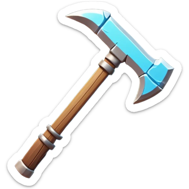 Clash of Clans aesthetic: Cinematic Playful Pixel 3D Pickaxe Portrait Emoji, rendered in a 3D vector-style similar to standard emojis with minimal shading and bold, simplified shapes. A compact, distinct form with signature details, softly glowing with a pixelated adventure charm. Simplified yet unmistakably iconic, highly detailed and consistent, glowing with a soft radiance and high shine. Stylized with a touch of classic pixel-art charm and a soft glowing outline, capturing the essence of a beloved gaming relic with a friendly, playful manner! sticker