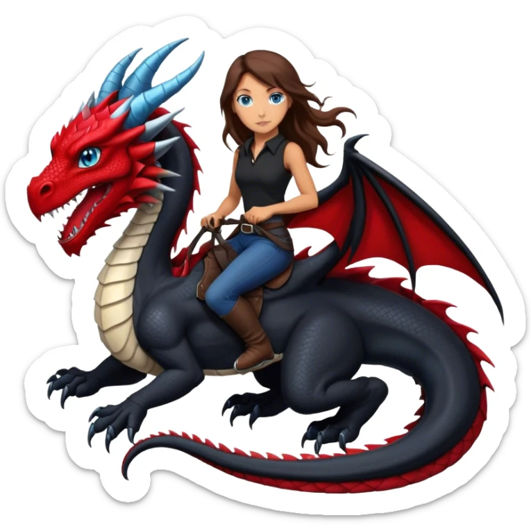 Me, a white female with long brown hair, and blue eyes, wearing black and red, and riding a very black wyvern dragon with hints of red, to your work sticker