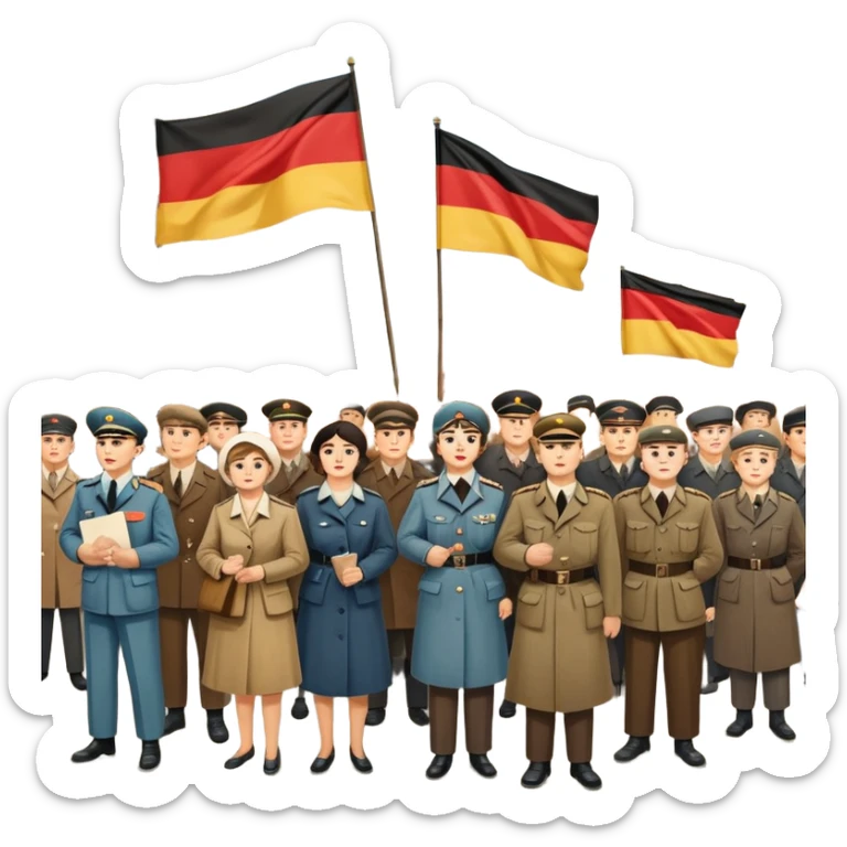 East German protest scene with people holding protest signs, DDR flag, Berlin Wall, subdued mood, 1950s sticker