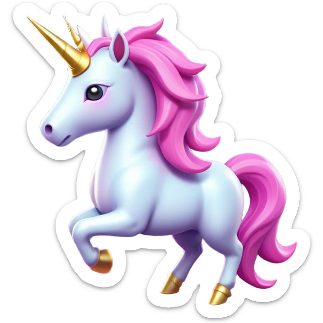 Clash of Clans aesthetic: Cinematic Playful Unicorn Mount Emoji, rendered in a 3D vector-style similar to standard emojis with minimal shading and bold, simplified shapes. A compact, isometric majestic unicorn with a spiraled horn and flowing mane, softly glowing with a magical celestial charm. Simplified yet unmistakably iconic, highly detailed and consistent, glowing with a soft radiant brilliance and high shine. Stylized with a touch of enchanted fantasy and a soft glowing outline, capturing the essence of a mythical mount with a friendly, playful elegance! sticker