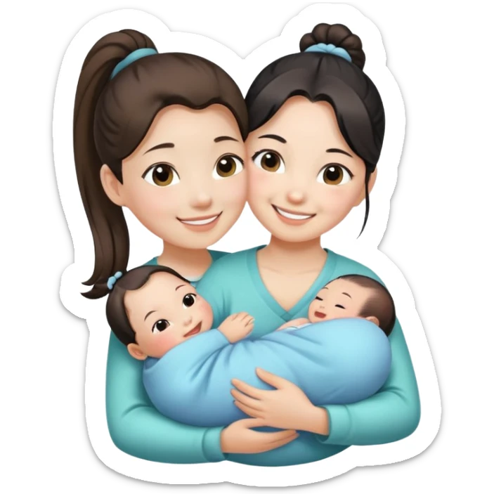 Ponytail chinese girl hugs a newborn baby and a girl sticker
