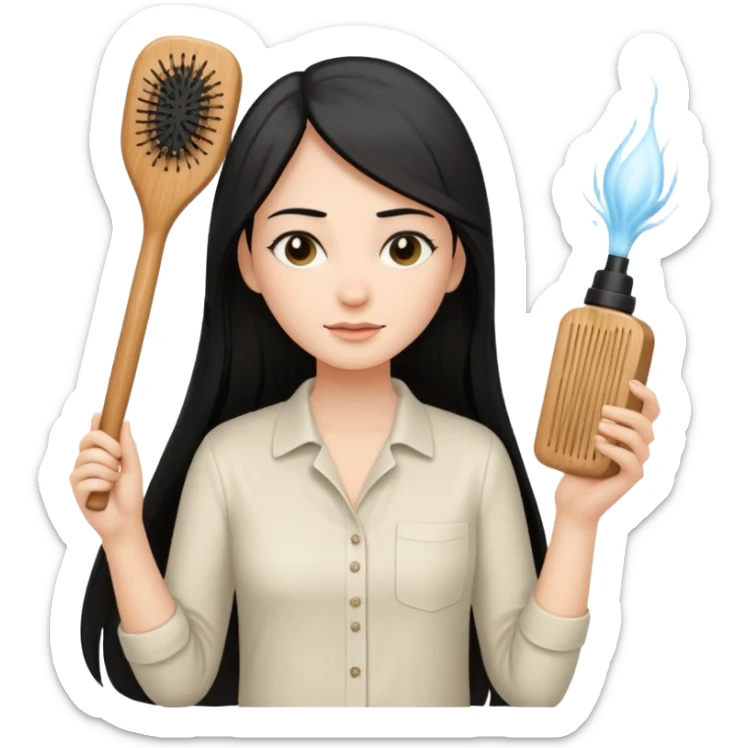 A white woman with long, straight black hair, wearing an ivory-colored shirt, holding a small square wooden paddle hairbrush in her left hand and spraying a hair mist bottle with her right hand toward her hair. sticker