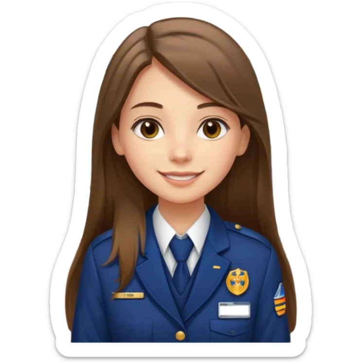 Young girl, long brown straight hair, wearing uniform jacket with hotel name badge, tasteful scarf, stand behind the desk

 sticker