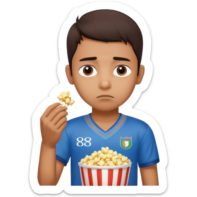 an indian boy wearing indian cricket jersey and eating popcorn and looking sad sticker