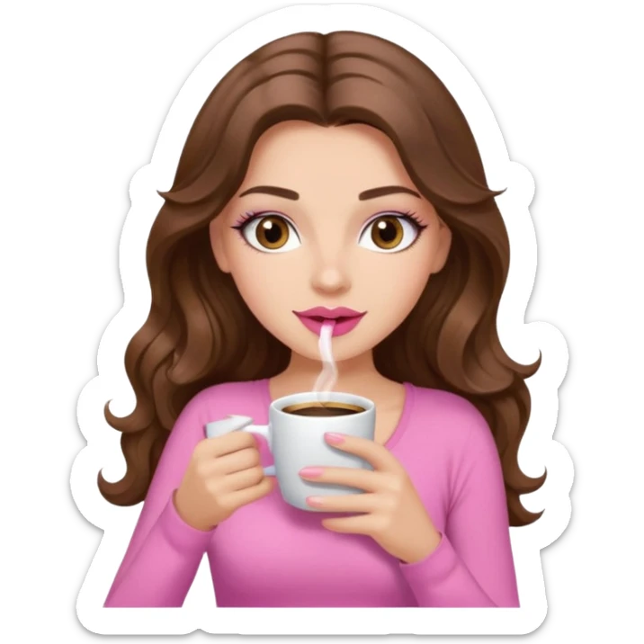 girl with long wavy brown hair, brown eyes, long lashes, pink lips, light to medium complexion, pink sexy top, sipping coffee sticker