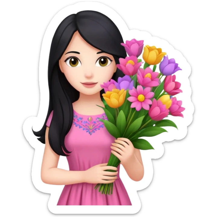 beautiful girl with long black hair, fair skin, wearing pink dress holding a colorful bouquet of flowers sticker