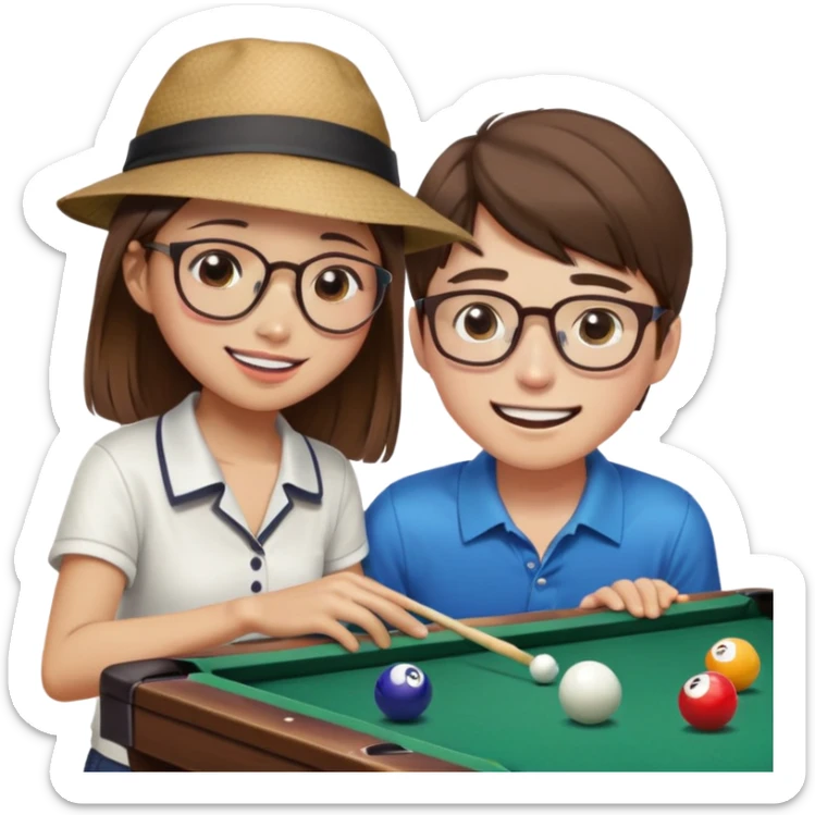 Chinese Girl without glasses and young white man with a hat and glasses brown hair playing table pool, the white man is crying and Chinese girl is smiling  sticker