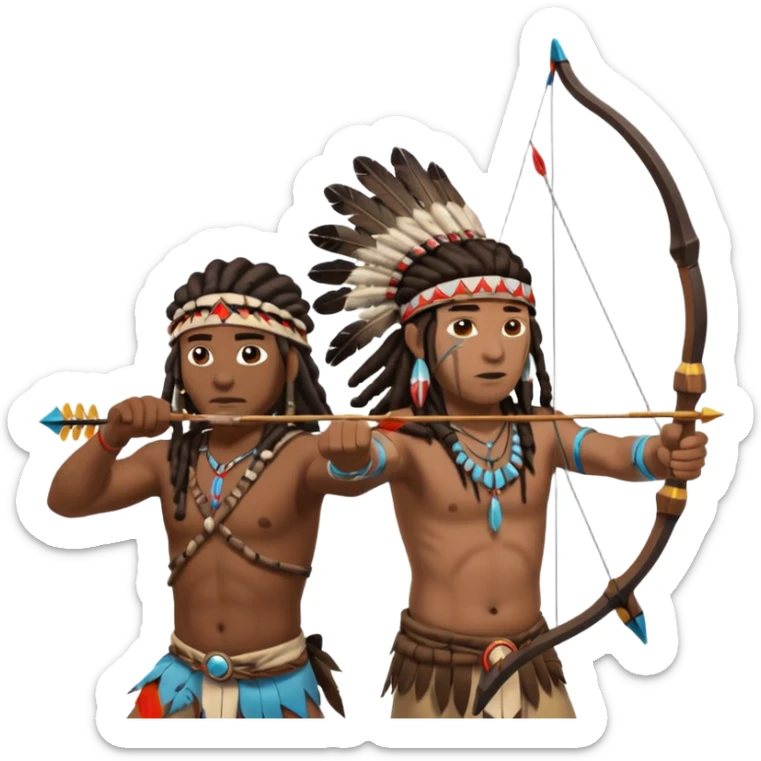 Black American man dark brown with dreads with a American Indian headdress shooting a bow and arrow at a native Indian while they run sticker