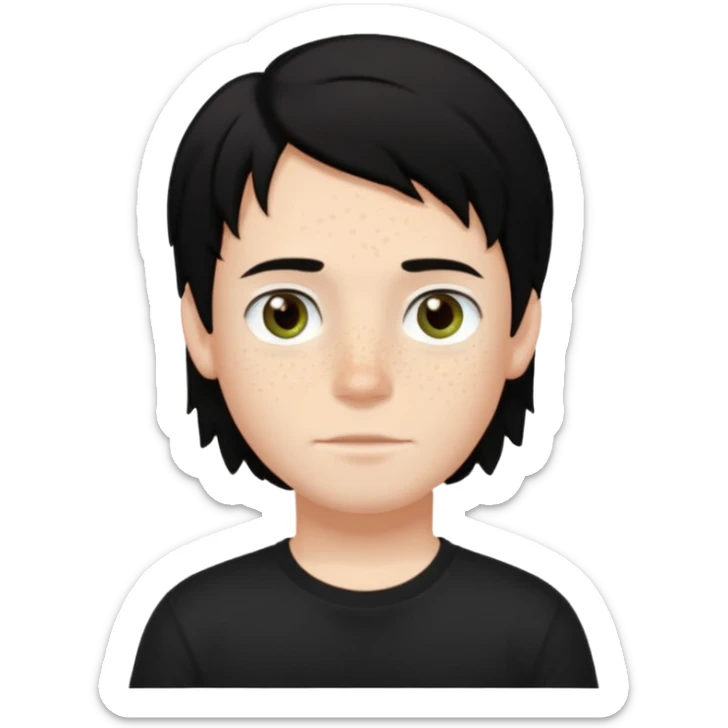 A boy with dark black hair and hazel green and brown eyes and white skin , with freckles and black t shirt with middle part hair hair with a center part sticker