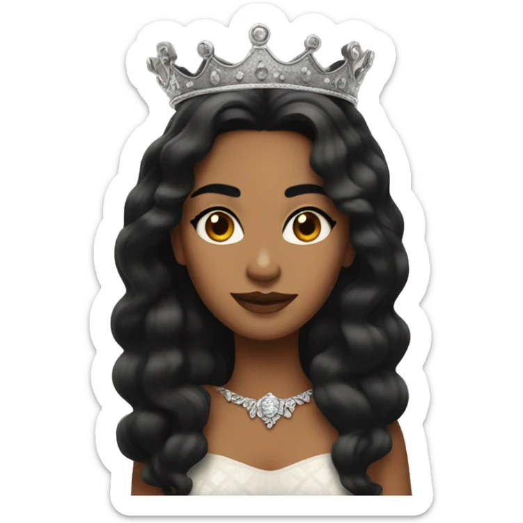 Queen with black hair and black eyes and thick eyebrows and long wavy hair small nose  sticker