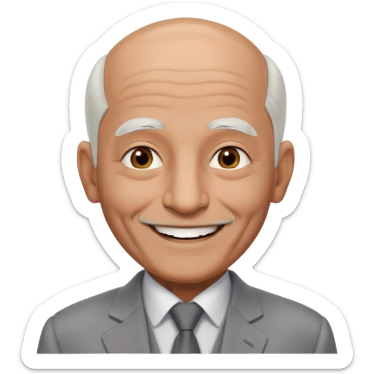 70 yr old man, almost bald, some white hair, pakistani, light grey business suit, big smile, dark brown skin, no moustache
 sticker