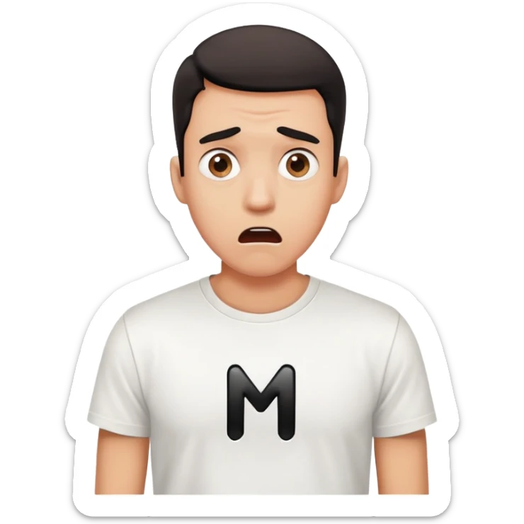 A shocked man wearing a white t-shirt with a big black M on the t-shirt  sticker