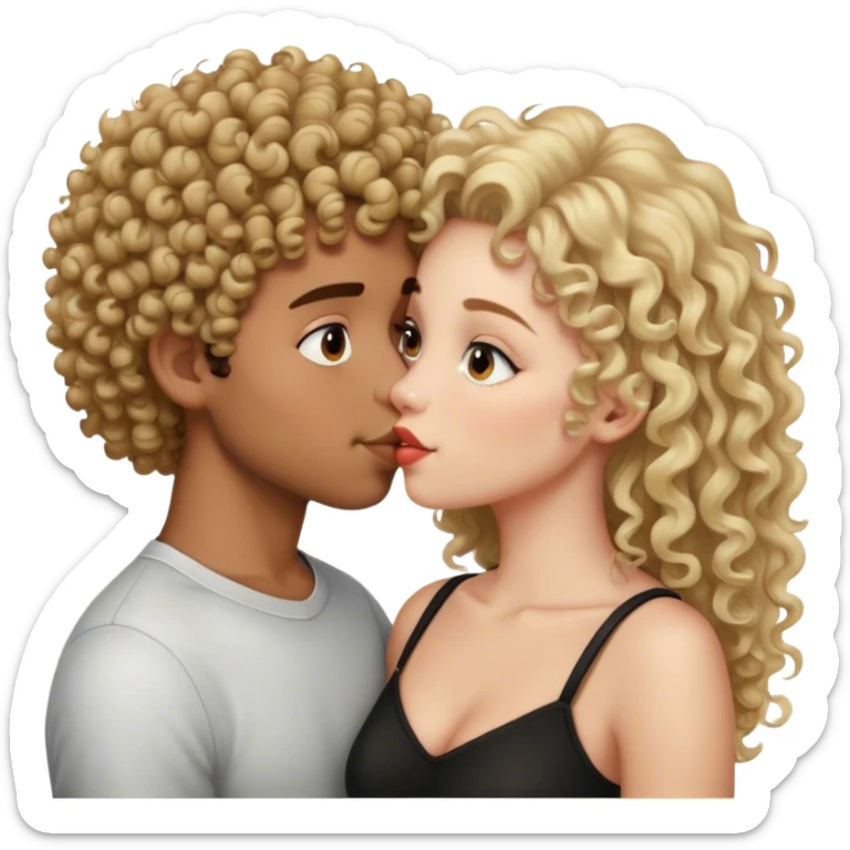 blonde curly hair boy and brownskin black curly haired girl kissing  sticker