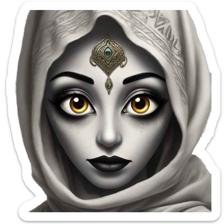 Alien in Aladdin style, oil paint, black eyes, intricate lips, intricate portrait, beautiful, desirable, logical, Arabic sticker