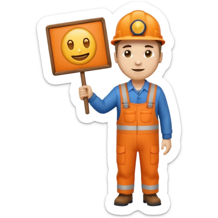 emoji style railway engineer full body in orange overalls, holding a sign in front of him sticker