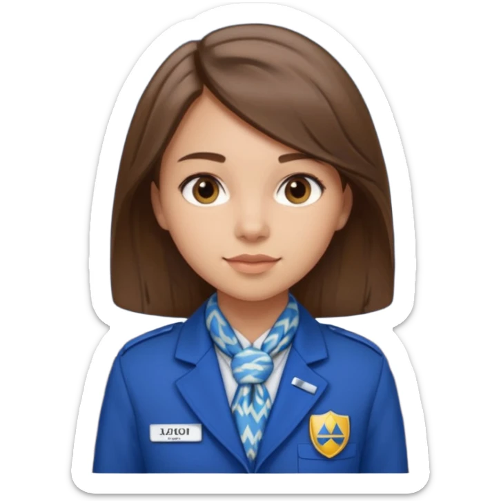 Young girl, straight hair, wearing uniform jacket with hotel name badge, tasteful scarf, stand behind the desk

 sticker